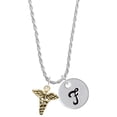thumbnail image 1 of Delight Jewelry Goldtone Caduceus Silvertone Script Initial Disc - F - Charm Necklace, 20"+3", 1 of 4