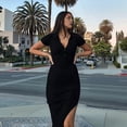 thumbnail image 6 of Women'S Long Sleeve Maxi Dress Ribbed Back Slit Button Down Bodycon Soft Going Out Elegant Party Dresses Black L, 6 of 9
