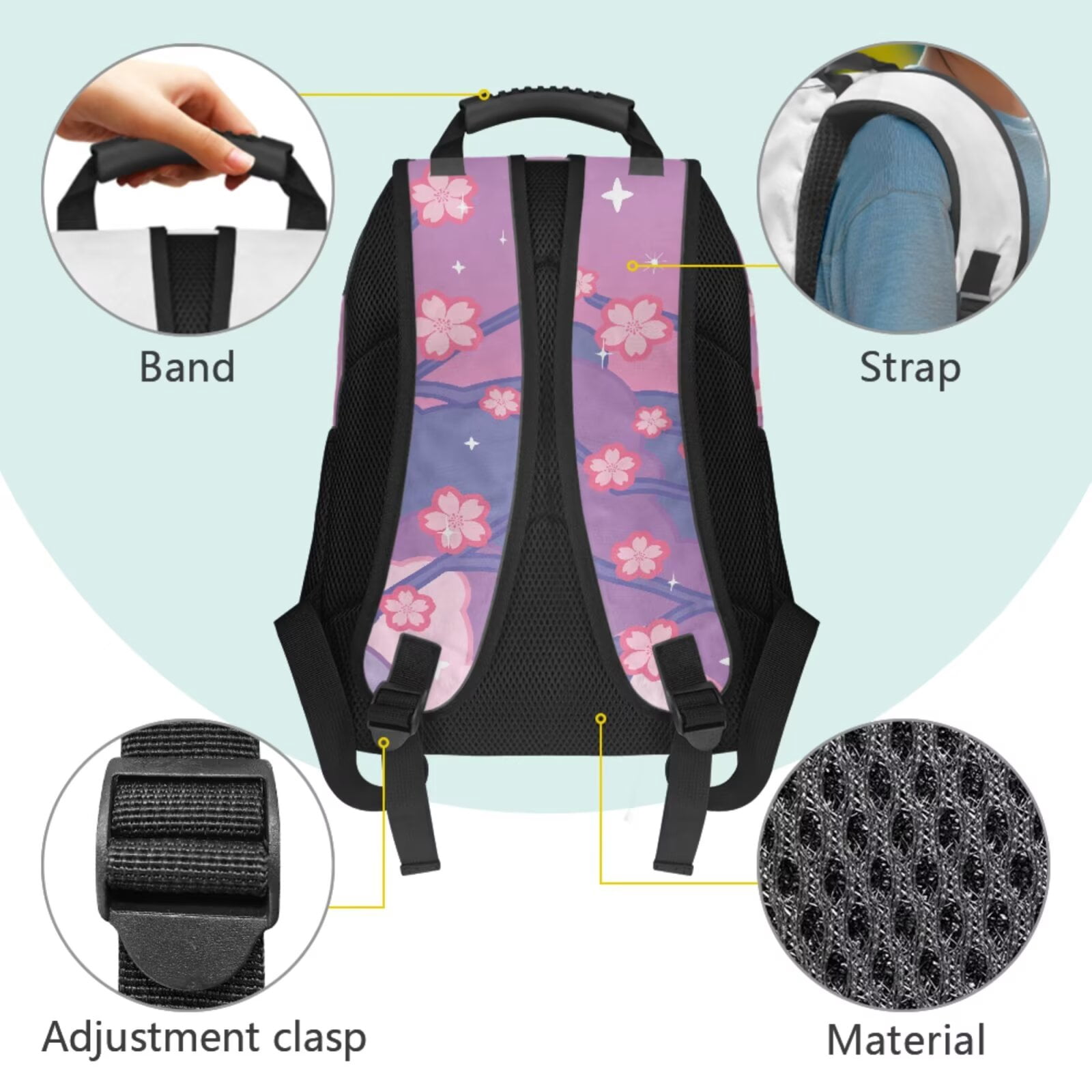 Pzuqiu Cherry Blossom Axolotl School Backpack Set for Girls Kids 17 Inch School Bookbag Casual Daypacks Travel Backpack 4 pcs with Lunch Box & Pencil Case Backpacks