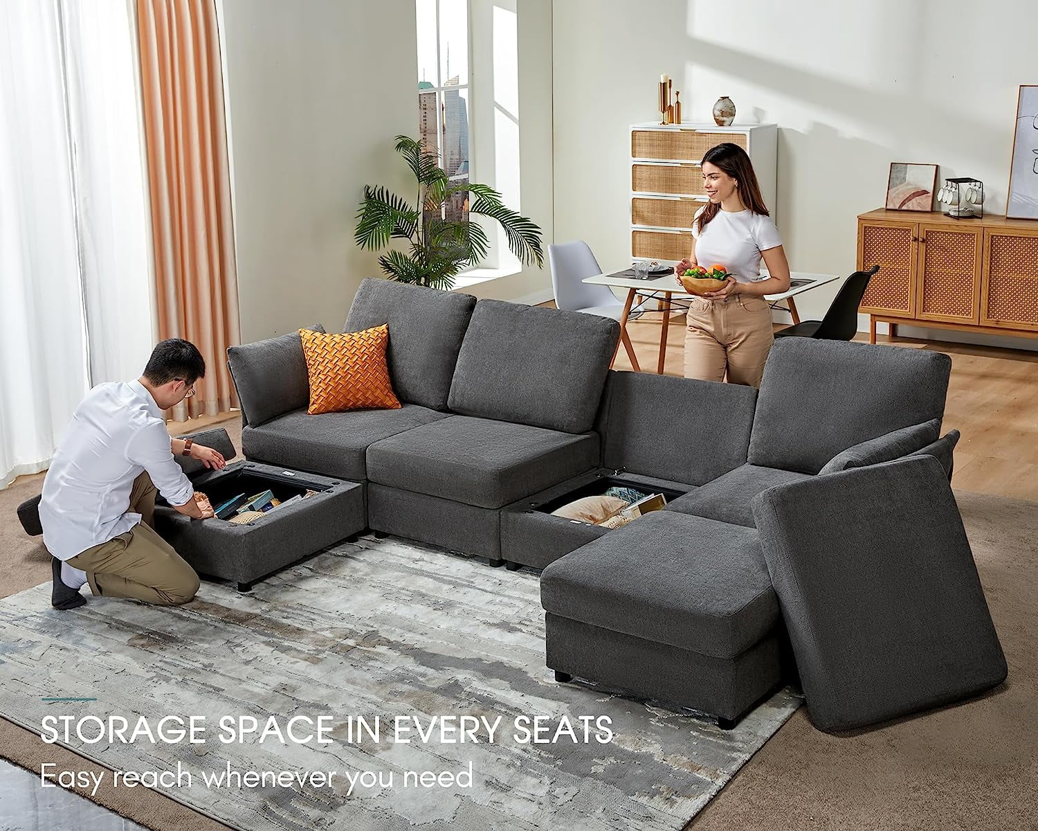 Papajet Modular Sectional Sofa, 6 Seats Oversized Couch with Storage , Ottomans- Chenille Grey