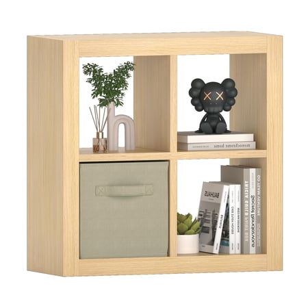 Bookshelf with Storage Bin 4-Cube Storage Organizer Modern Wood Open Bookcase Multifunctional Display Shelf for Living Room Bedroom Home Office Oak