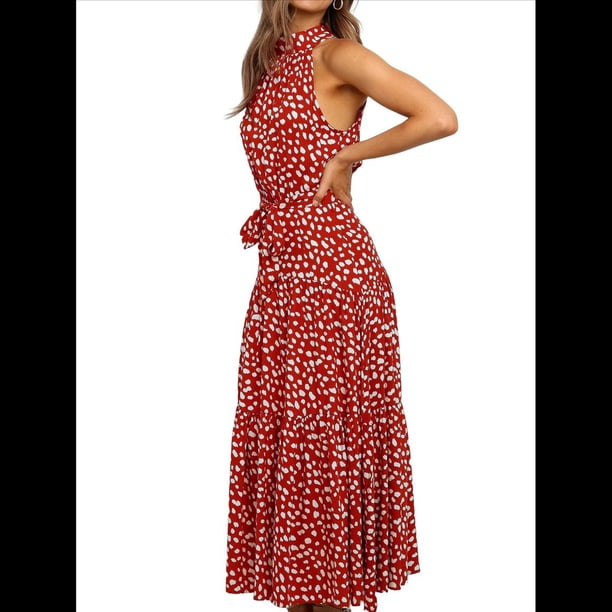 Vestido Bohemio de Verano para Mujer, Sin Mangas, con Estampado de Lunares, Cuello Halter, Volantes, Dobladillo y Cinturón Vino Tinto M