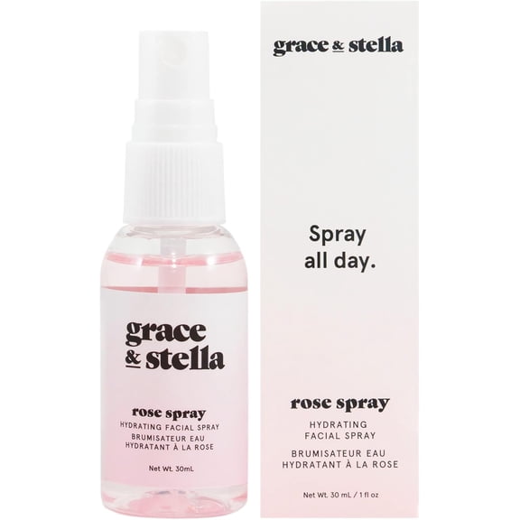 Grace & Stella Rose Water Spray, Hydrating Facial Mist with Glycerin and Aloe Vera, All Skin Types, 30 mL
