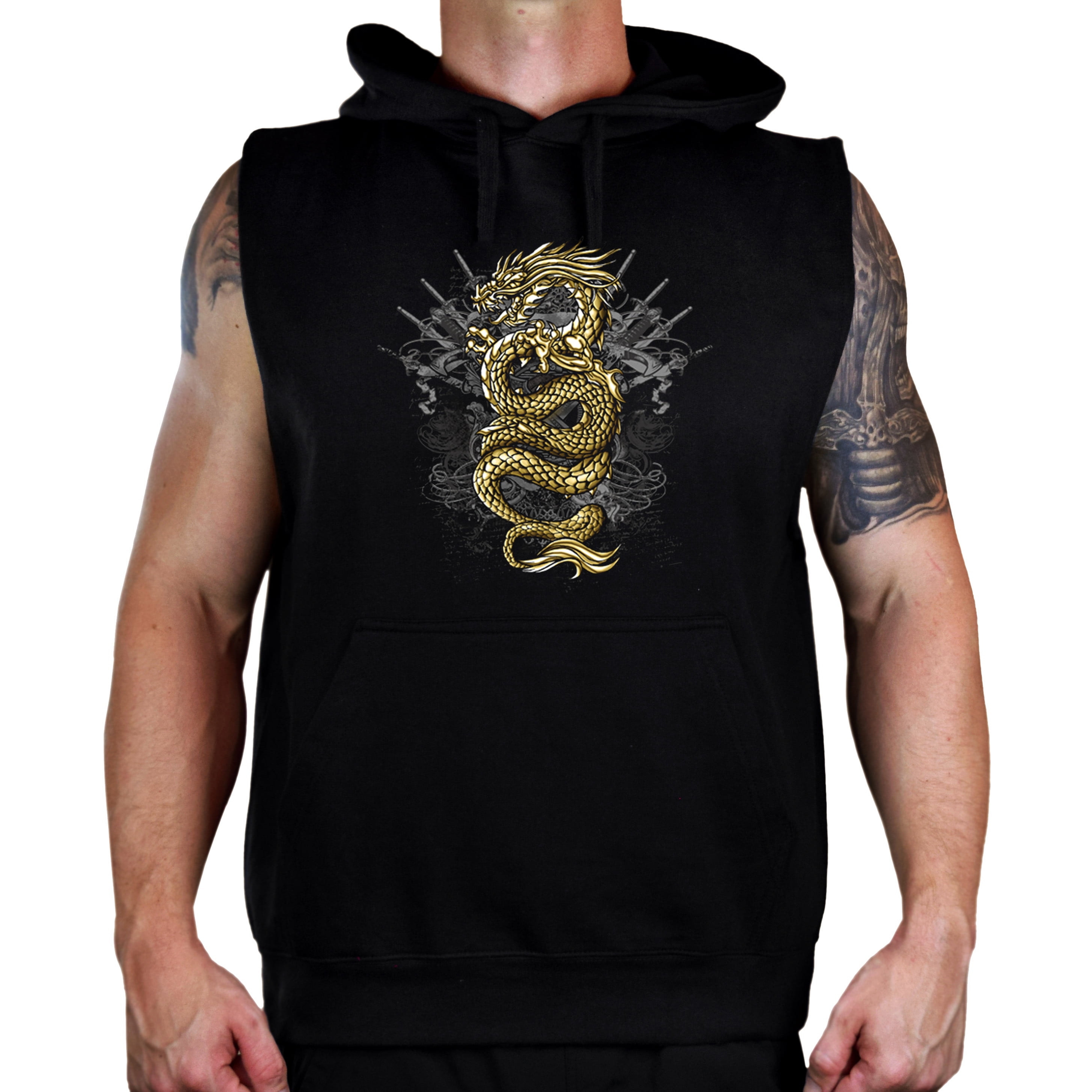 Men's Gold Dragon Black Sleeveless Vest Hoodie 2X-Large Black 