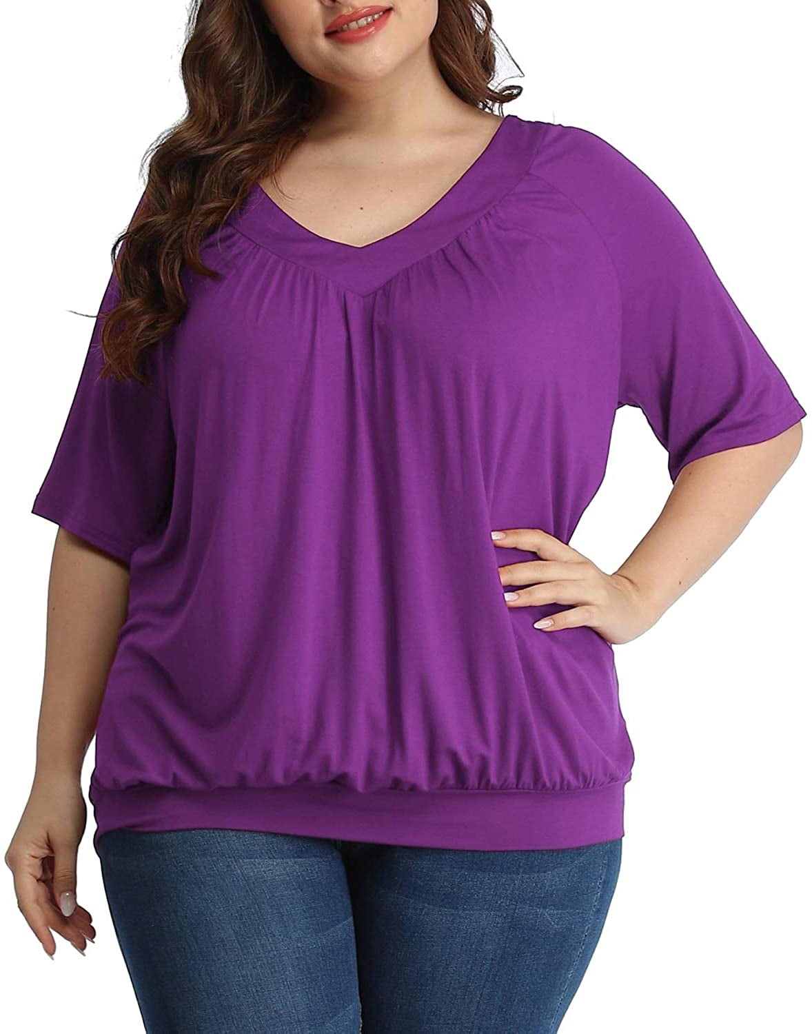 andy & natalie Women's Size Tops Flowy Casual Summer Blouses Pleated Short Sleeve Cute Tunics T Shirts Purple 4XL -