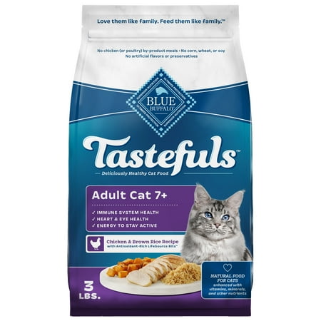 Blue Buffalo Tastefuls Dry Cat Food for Adult Cats 7+, Chicken & Brown Rice, 3-lb. Bag