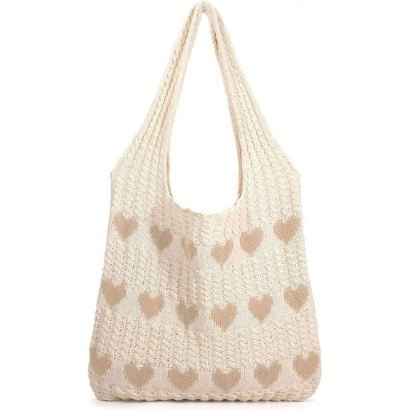 Omlopp Crochet Tote Bag for Women Cute Crochet Mesh Beach Tote Summer Vacation Aesthetic Boho Knit Bag for Women Shoulder（Khaki Heart Pattern）