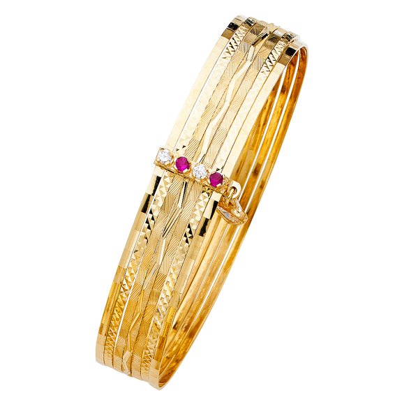 14k Yellow Gold 8" Fancy 7 Days Bangle Bracelet w/ Clear & Simulated Ruby 13mm Wide Jewelry Female