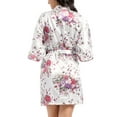 thumbnail image 2 of Defitshape Women's Satin Kimono Robe Lightweight Silk V Neck Pattern Dressing Gown Floral Print Bathrobe Short Belted Spa Sleepwear Bridal Bride 3/4 Sleeve White XX-Large, 2 of 5