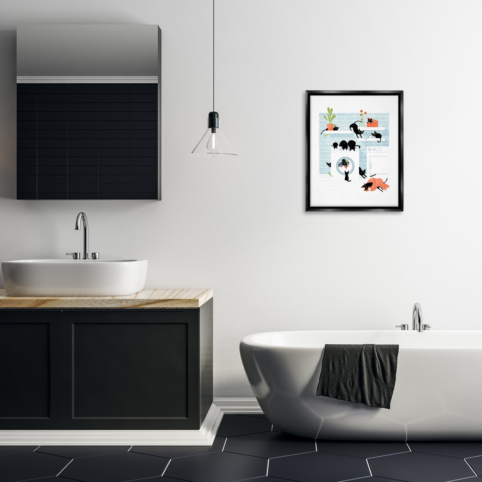 Stupell Industries Black Cats in Laundry Bath & Laundry Painting Black Floater Framed Canvas Art Print Wall Art, 17 x 21