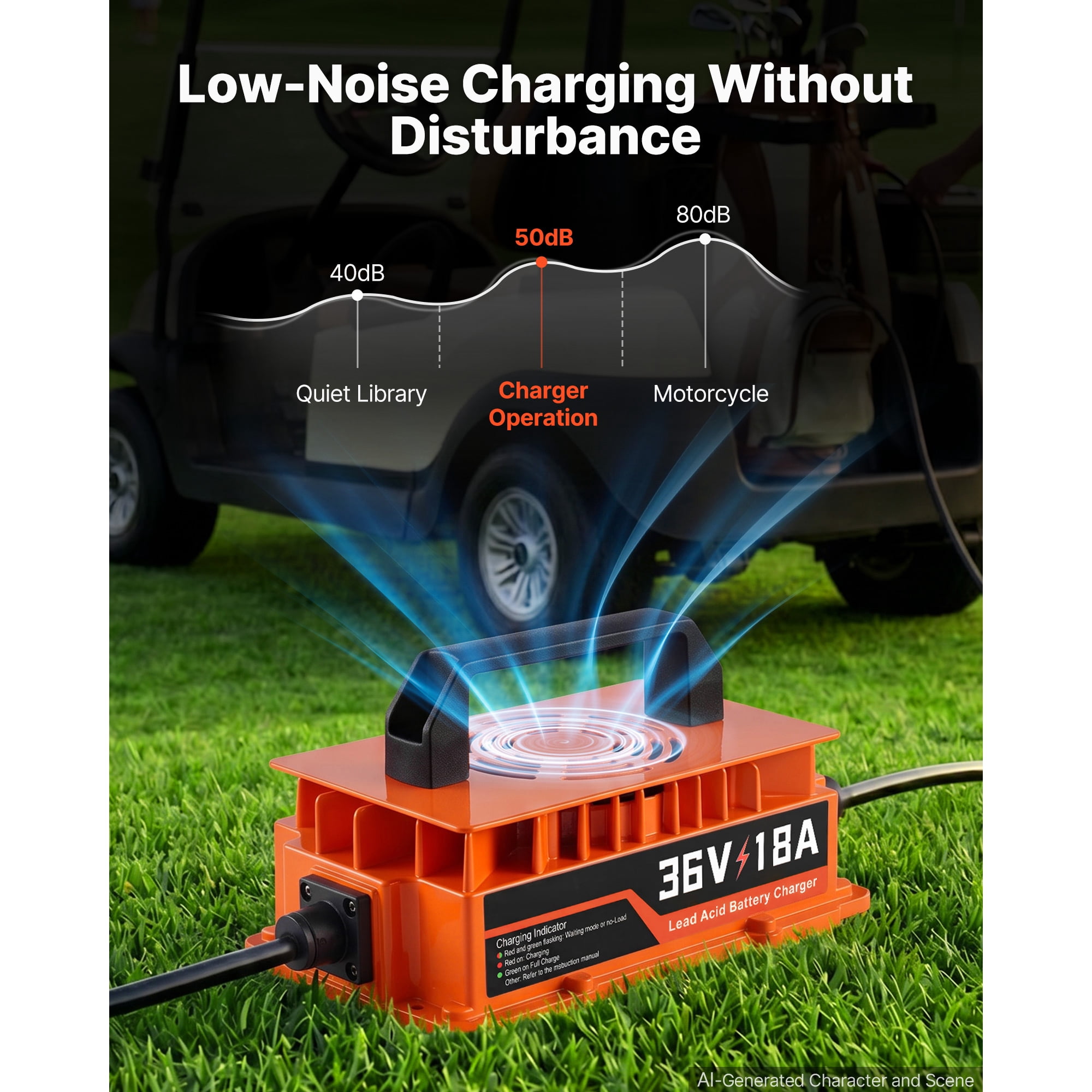 KFFKFF 36V 18A Golf Cart Battery Charger with Crowfoot Plug,Compatible with Lead Acid Batteries,Durable Aluminum Alloy Shell,Trickle Charging Function,LED Indicator,Cooling Fan,IP67 Waterproof Design