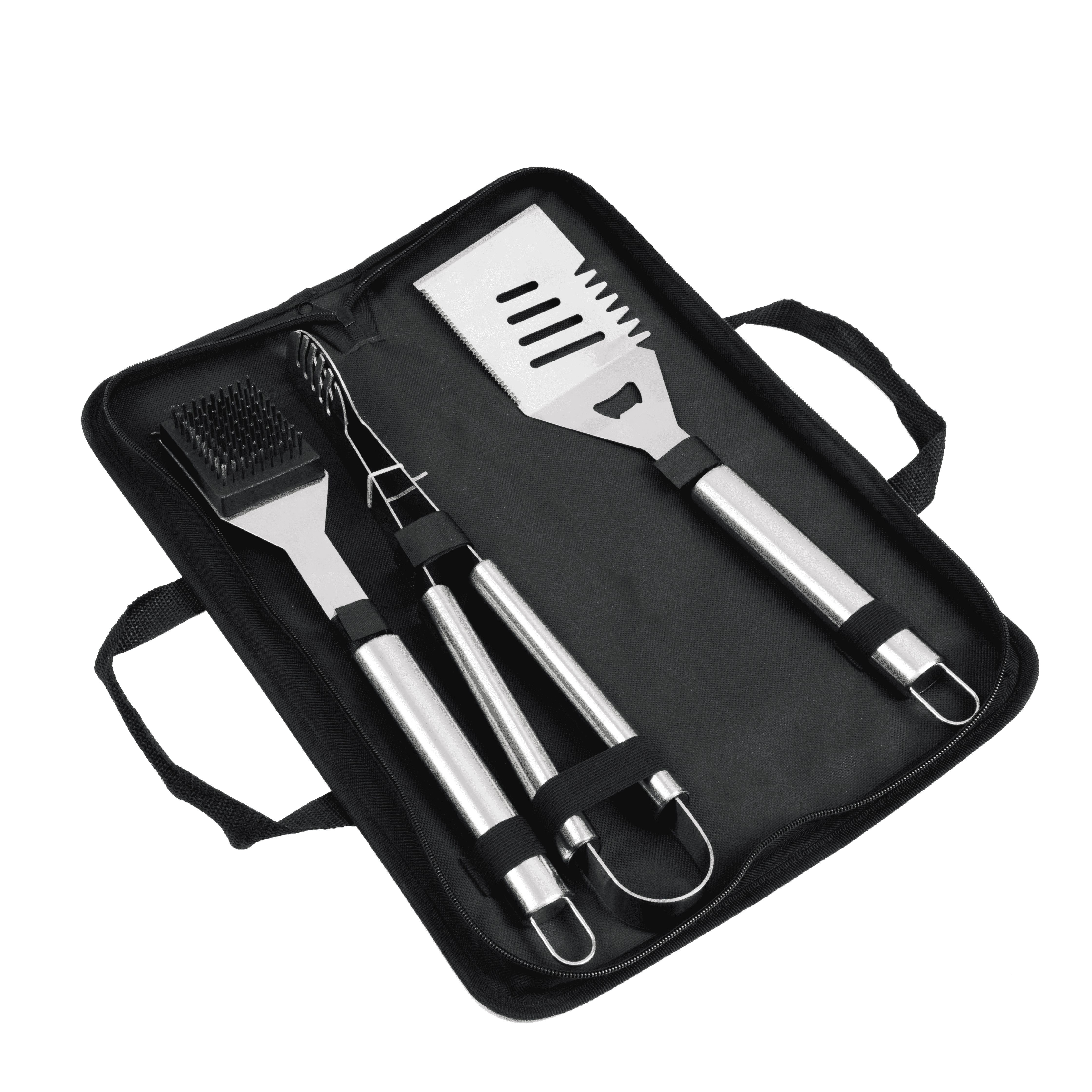 LHRIVER Stainless Steel BBQ Grill Tools Set with Storage Bag, 3 Pieces Include Tong, Spatula, Cleaning Brush