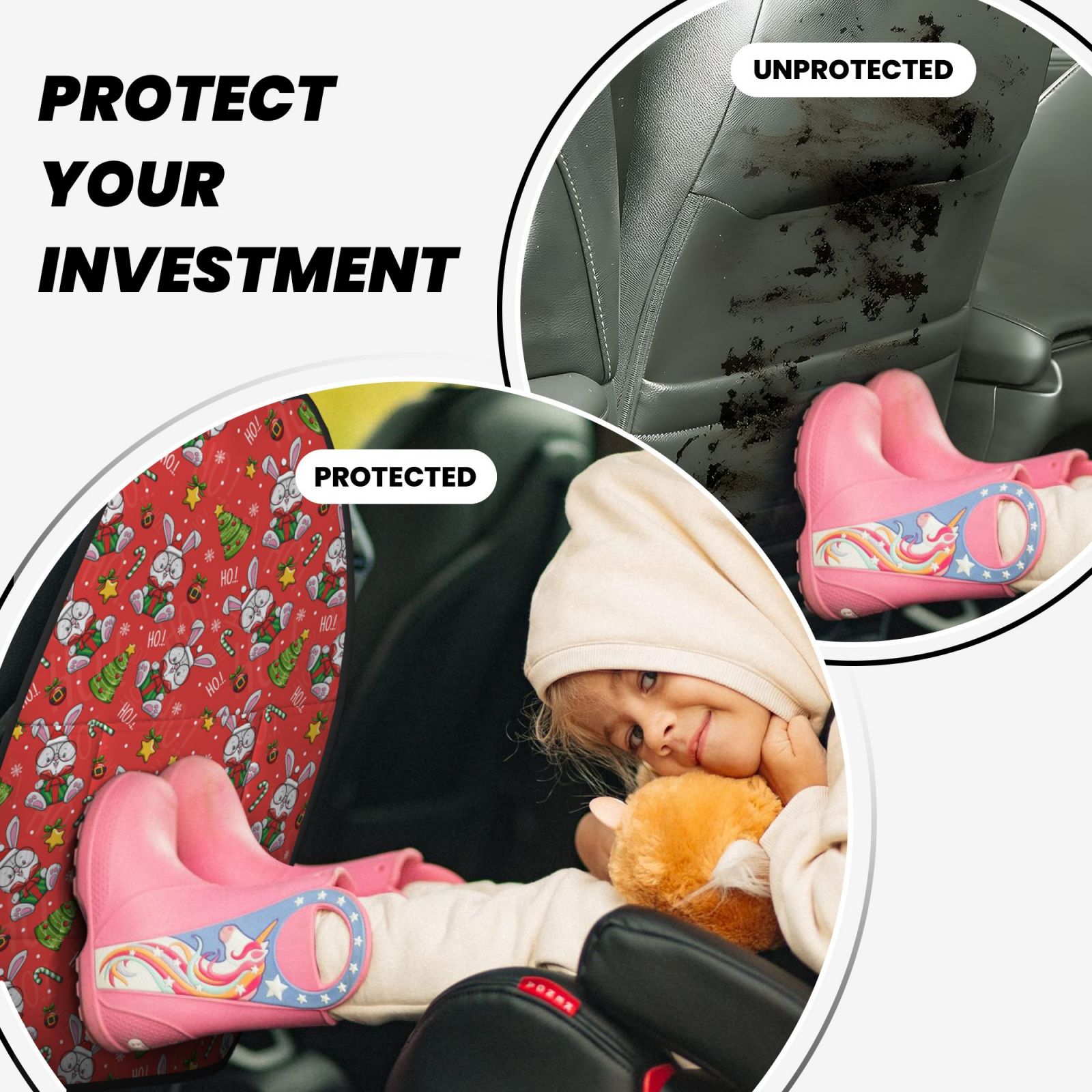 Kdxio Cute Christmas Bunny Print 2 Pack Car Kick Mat Seat Cover Back Protector Mat with Pockets for Organizer Backseat Protector and Storage Anti Kick Pad for Vehicles