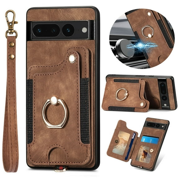 ELEHOLD for Google Pixel 8 Case with Ring Holder, Pixel 8 Wallet Case with RFID Blocking Card Holder Wristlet Strap, Magnetic Button Flip Folio Kickstand Shockproof Phone Cover,Brown