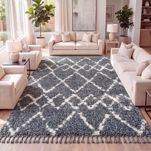 JONATHAN Y MERCER SHAG 5 x 8 Area Rug, Mercer Plush Tassel Moroccan Trellis - Blue/Cream, MCR102A-5