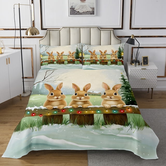 Christmas Rabbit Kids Queen Coverlet Set Cute Cartoon Animal Bedspread Set For Boys Girls,Xmas Pine Tree Winter Snowflakes Quilt Set Rustic Wooden Railings Holiday Bed Set