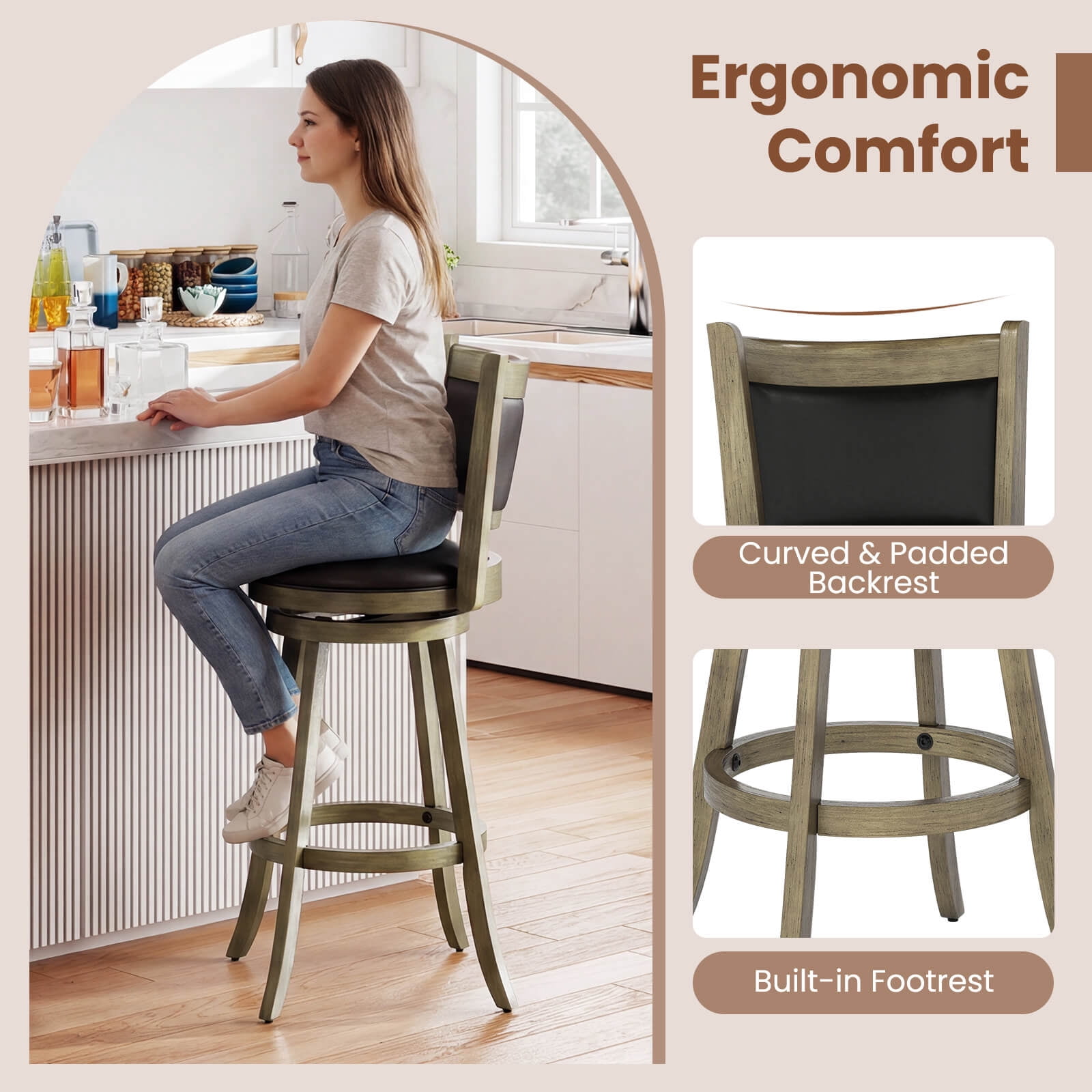 Costway Swivel Bar Stools with Solid Rubber Wood Frame Set of 4 for Kitchen Island Gray and Black