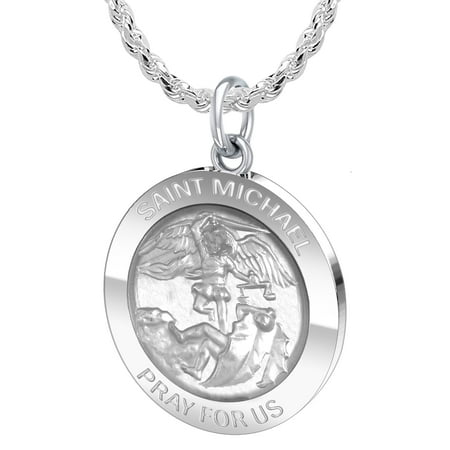 Ladies 925 Sterling Silver 22mm Saint Michael Round Pendant Rope Necklace 2.2mm...