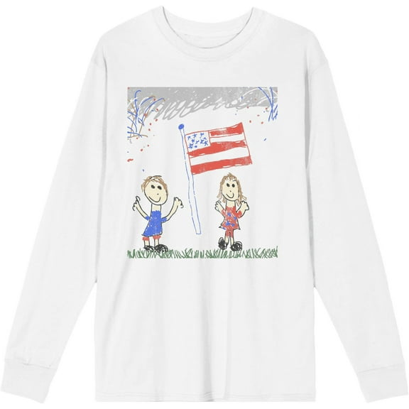 Americana Child Drawing White Adult Crew Neck Long Sleeve Tee-Medium