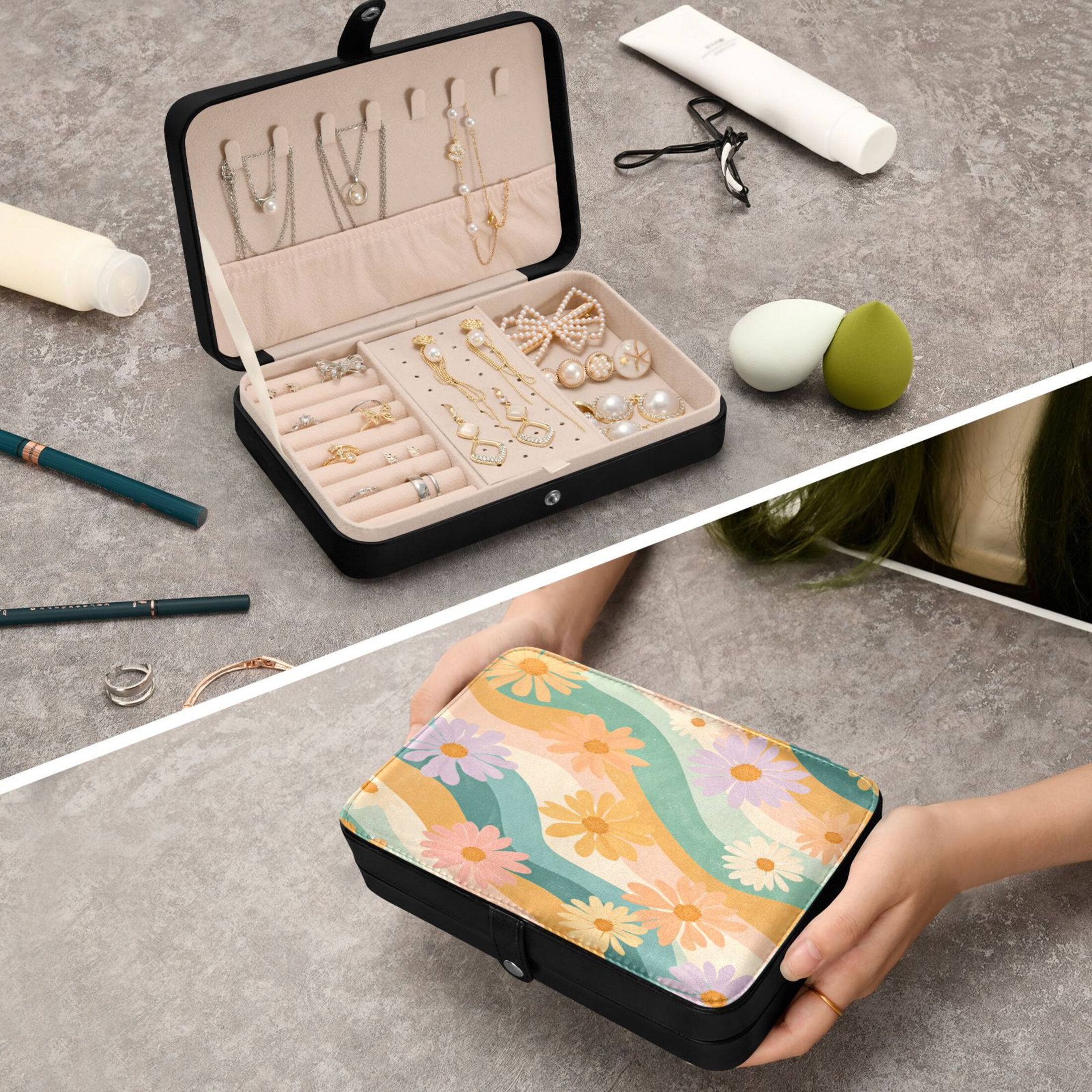 Leather Jewelry Box Travel Jewelry Storage Earrings Necklace Bracelet Watch Brooch Storage Colorful Chrysanthemums Seamless