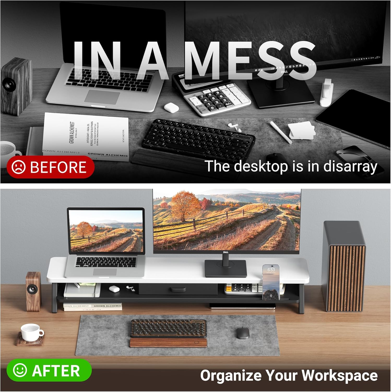 39.4 Inch Dual Monitor Stand with Storage Shelf, 2-Tier Wooden Desk Organizer Riser for Computer, Laptop, Printer and Phone/Tablet