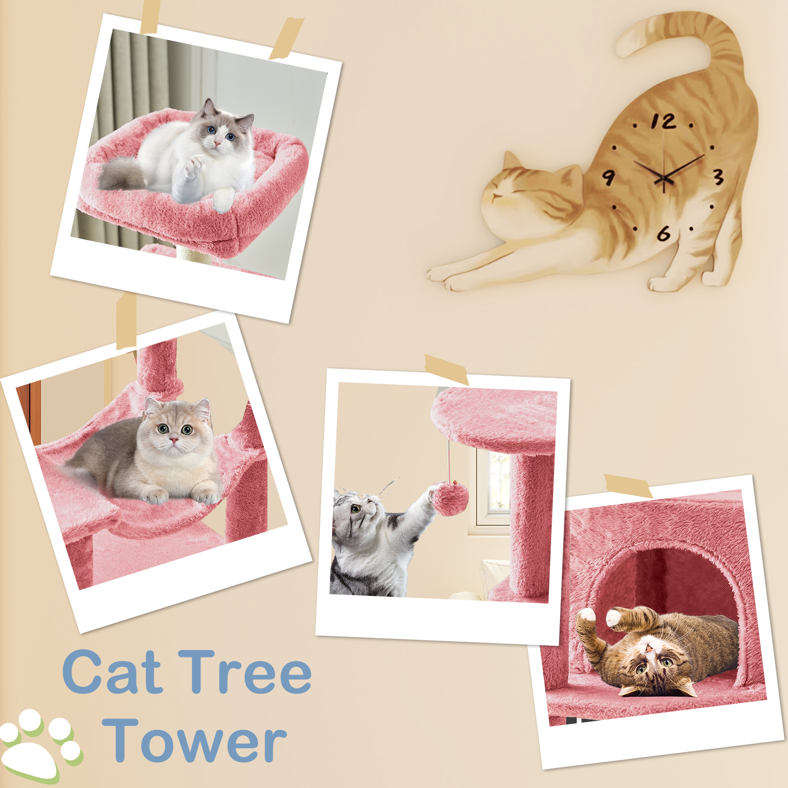 Cat Tree, 44-Inch Cat Tower with Sisal Scratching Post, Multi-Level Plush Pet' Toy Tree with Climbing Ladder, Pink