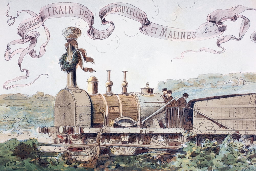 Picture Celebrating The First Train From Brussels To Mechlin In 1835 It Was The First Railway In Continental Europe After A Watercolour By A Heins From Cortege Historique Des Moyens De Transport Publi