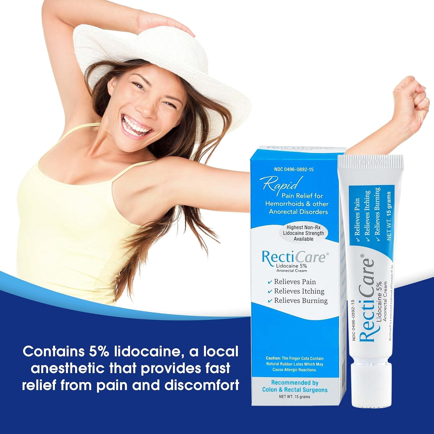 RectiCare Anorectal Cream 15g with Lidocaine 5% for Fast Pain Relief