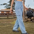 thumbnail image 4 of Defitshape Women's Cargo Jeans Washed Straight Leg Full Length Loose Fit Vintage Fashion Long High Waist Elastic Carpenter Denim Pants Light Blue Medium, 4 of 5