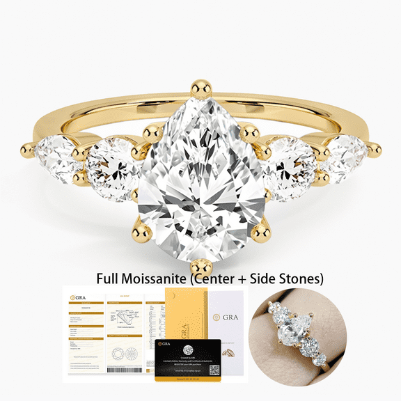 Moissanite Engagement Graduated Pave 1CT Pear Cut Full Moissanite Ring 18K Gold Plated on 925 Sterling Silver Wedding Promise Ring for Her D Color VVS1 Clarity with GRA Certificate Size 5-9