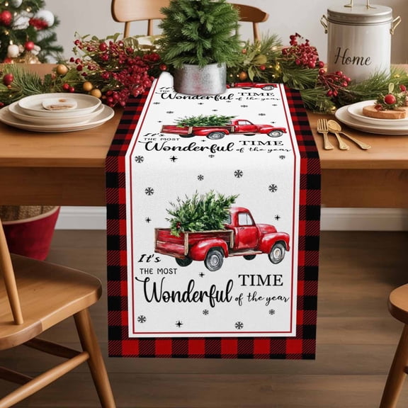 Christmas Red Truck Cotton Linen Table Runner Winter Tree Snowflake Red Plaid Dining Table Runners for Home Decor Party Dining Room Restaurant Kitchen Party 13" x 108"