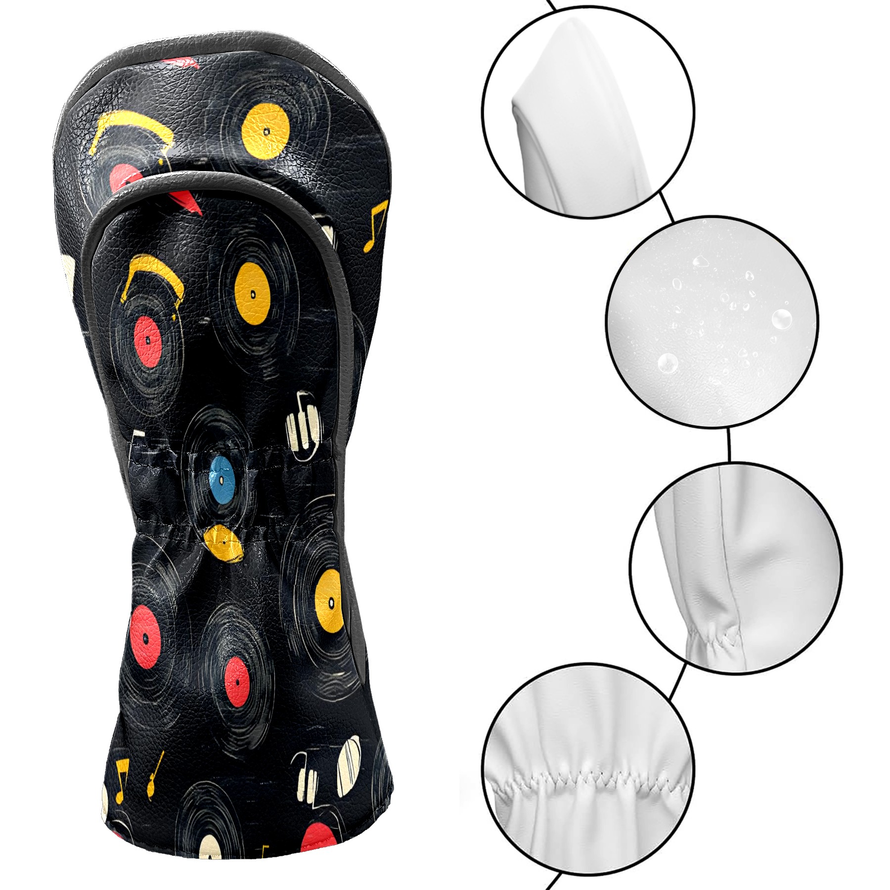Golf Club Covers, Black MusicRecord Premium PU Leather Driver Hybrid Putter Head Covers with Velvet Lining, Waterproof Golf Gifts for Men Women