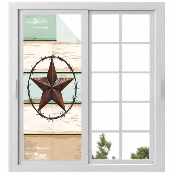 Beige Sage Green Texas Star Window Privacy Film, Vintage Stars Wooden Static Cling UV Sun Blocking Heat Control Window Tint Day and Night, Non-Adhesive One Way Windows Privacy Cover 29.5''x78.7''