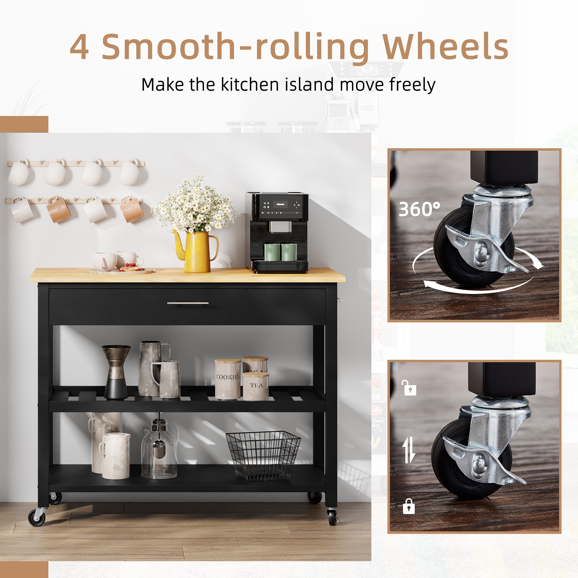 Kitchen Island Cart with Storage,Rolling Kitchen Island Side Table on Wheels with Large Worktop,Storage Cabinet,Towel Rack,Drawers and Open Shelves for Kitchen,Dinning Room,Black