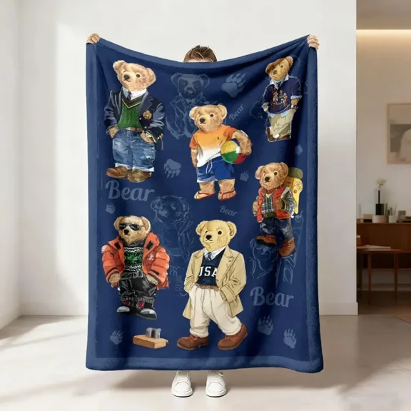 Teddy Bear Themed Flannel Throw Blanket, Baby & Adult Size, Soft Warm Printed Bear Claw Print, Skin Friendly Lightweight Cozy Multifunctional Blanket, Perfect Holiday & Birthday Gift