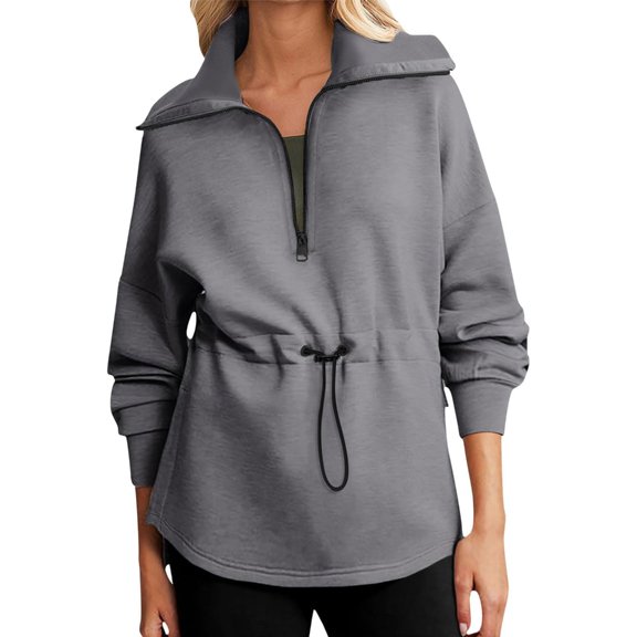 Yokua Womens Sweatshirt Oversized Half Zip Up Drawstring Waist Long Sleeve Side Slits Soft Casual Pullover Sweatshirts Tops