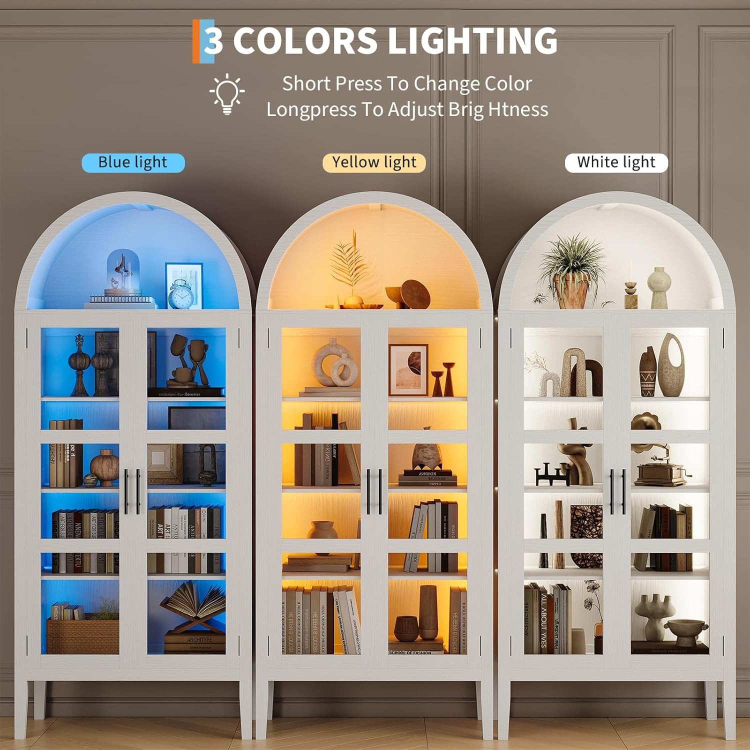 Home 70" Tall Arched Kitchen Pantry Cabinet with LED Lights, Modern Wood Arched Bookshelf with Glass Doors & Adjustable Shelves, Elegant Display Cabinet for Kitchen, Dining Room, Living Room