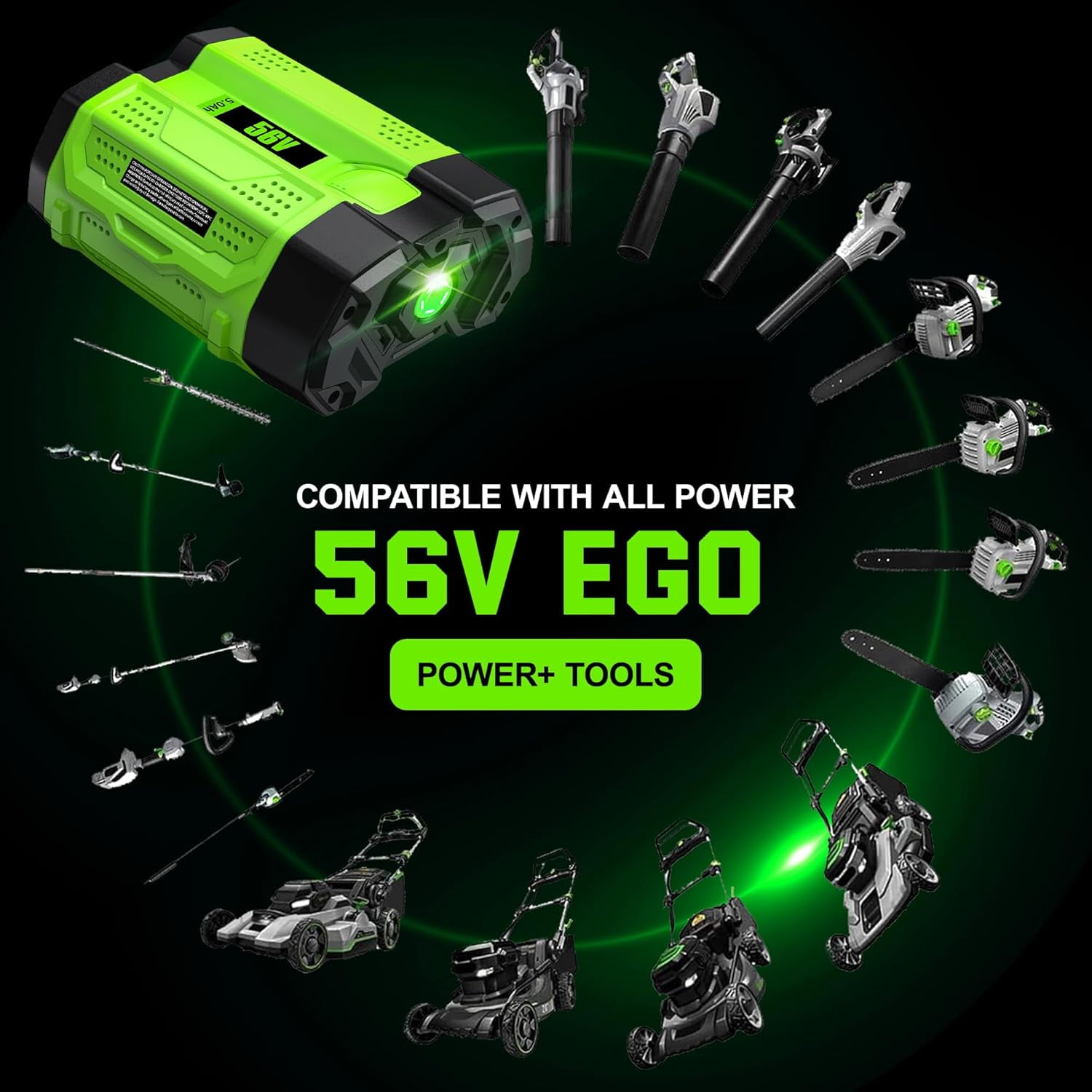 Power+ 5.0ah Battery and Charger Kit Replacement for EGO 56V Battery and Charger Combo Compatible with EGO 56 Volt Power Tools CS1604 CS1804 CS1403 HT2400 LB6504 LB5804 LB6500 LB4800 PH1400