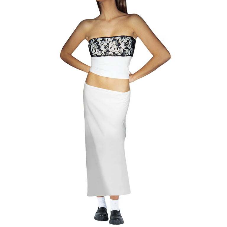 Women s 2 Pcs Maxi Skirt Suit Sleeveless Off Shoulder Crop Tie Knot Front Tube Top and Wrapped Low Waist Long Skirt Set