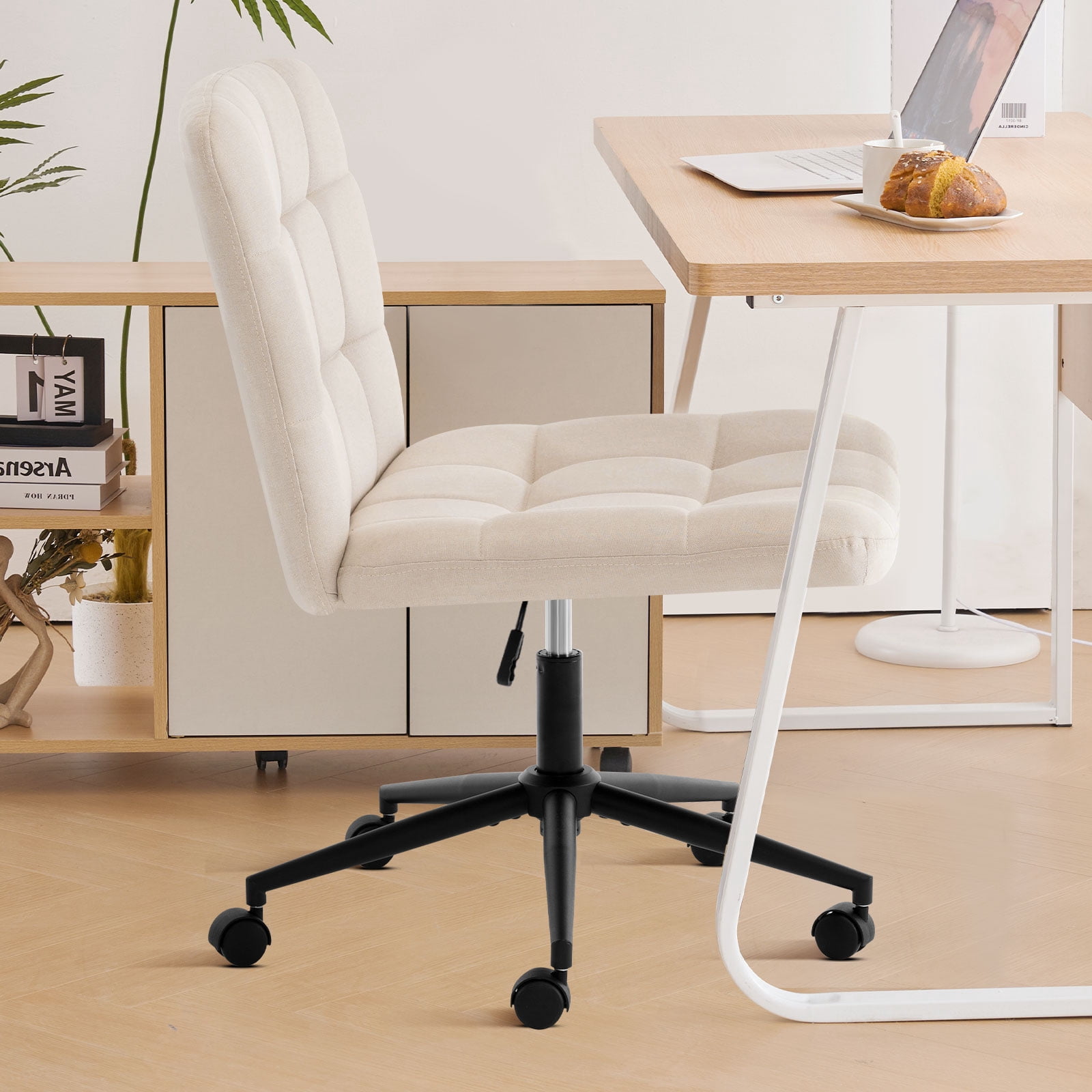 Furniliving Home Office Desk Chairs with Wheels Wide Desk Chair Mid Back Vanity Chair Modern Computer Desk Chair Swivel Accent Chair, Beige