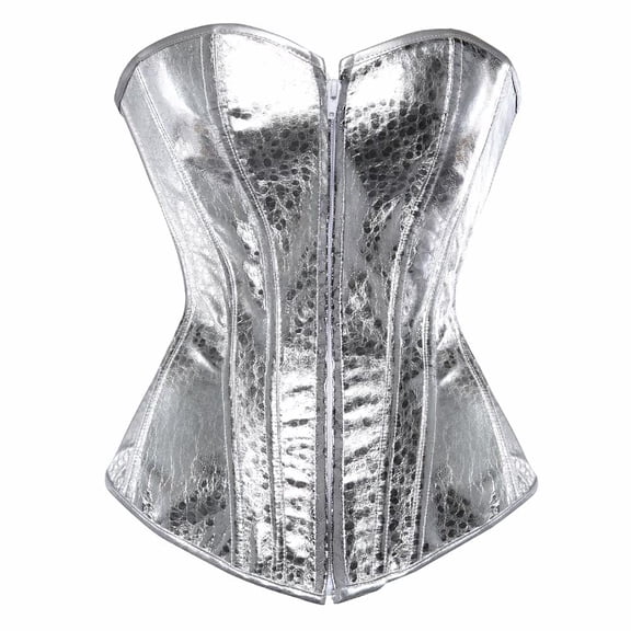 Grebrafan Punk Sequin Leather Corset Bustier with Zipper Silver XS