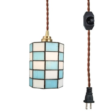 FSLiving Hanging Swag Lamp Pendant Light with 15ft Plug-in UL Dimmable Cord Brass Finished E26 Socket Tiffany Blue Checkered Glass Lamp Nordic Industrial Hanging Lamp,Bulbs Not Included - 1 Pack