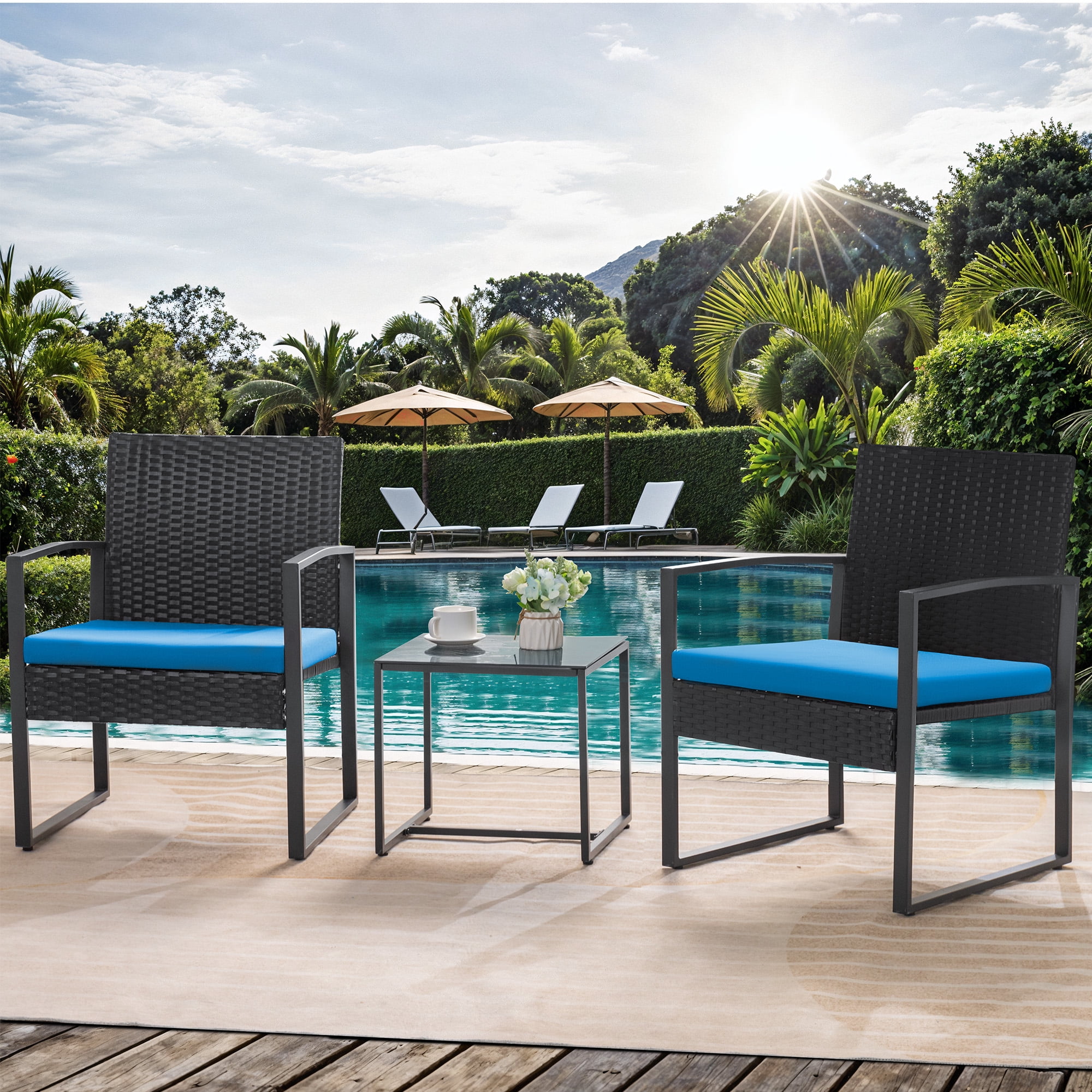 Homall 3-Piece Casual Bistro Set with Wicker Chairs and Coffee Table for Patio Furniture, Black/Blue