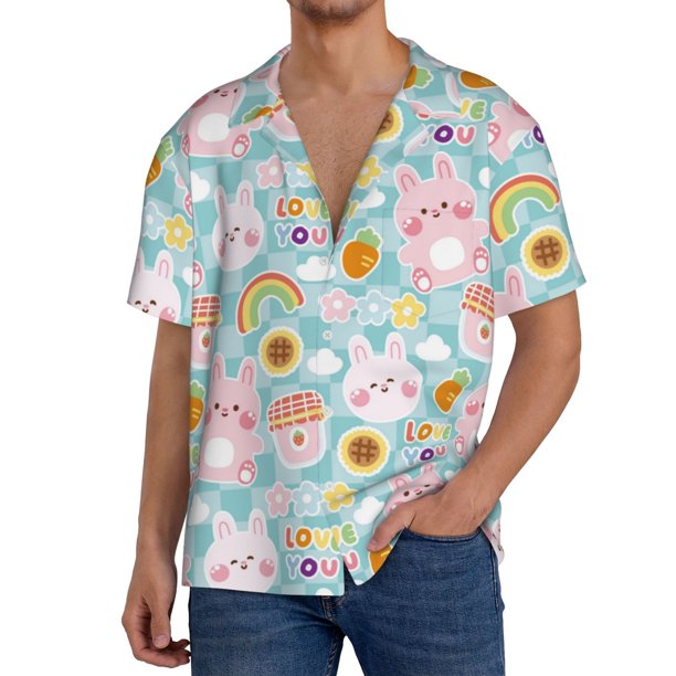 Balery Love You Rabbit Camisa Casual de Manga Corta con Botones para Hombre, Texturizada, Estilo Cubano, para Playa, Verano-4X-Large