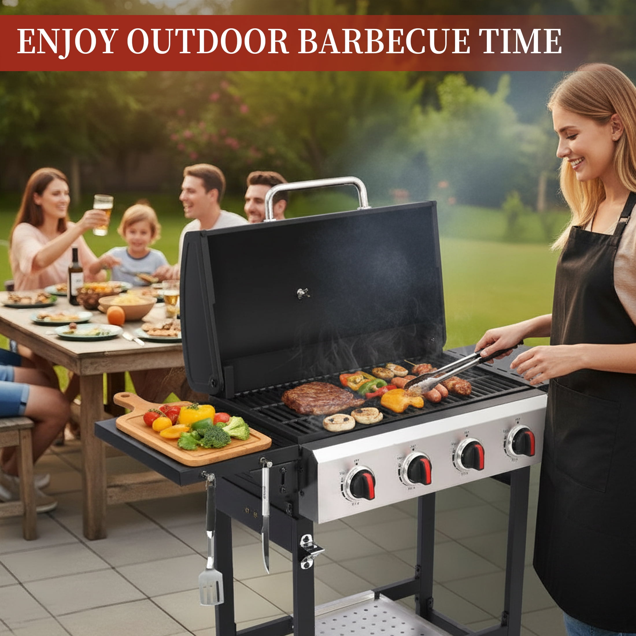 CIG GARDEN 4-Burner Propane Gas Grill with Folding Side Tables, Cast Iron Grates, and Stainless Steel Grill Pan