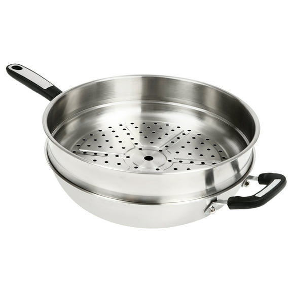 Dwellnix Stainless Steel Wok with Glass Lid, 23.22 Inches, Honeycomb Coating, Induction Compatible, Large Capacity Stir Fry Pan with Steamer Basket for Multi-purpose Cooking