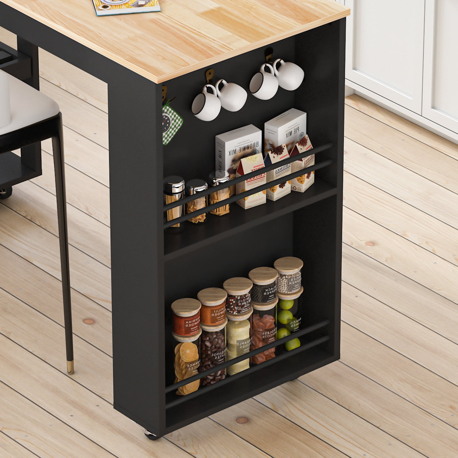 JassmiPkwy 77.8 " Rolling Kitchen Island with Extendable Dining Table, with Wheels, Sided Storage Shelf, Black