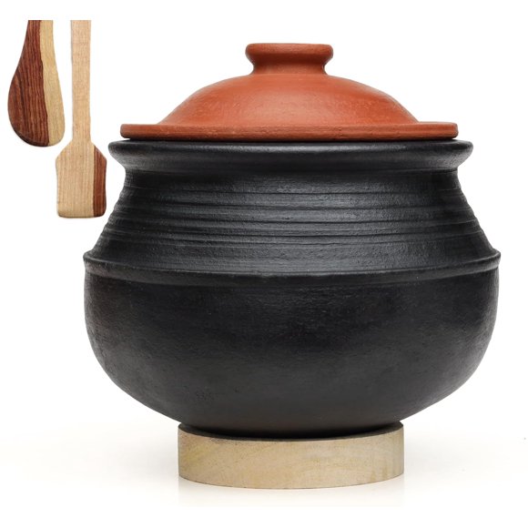 Pot à Riz en Argile Non Enduit à Combustion Profonde avec Couvercle Ou Mitti Handi avec 2 Spatules en Bois Gratuites pour la Cuisson et le Service - Noir, 2 Litres / Pot de Boue Pré-Assaisonné - Non Émaillé, Double Cuisson, Fabriqué à la Main
