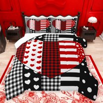 jejeloiu Cute Loves Pattern Bedding Comforter Set,Modern Geometric Plaid Twin Comforter Sets,Red White Black Bedding Set For Men Women,Ultra Soft Home Decor,2pcs