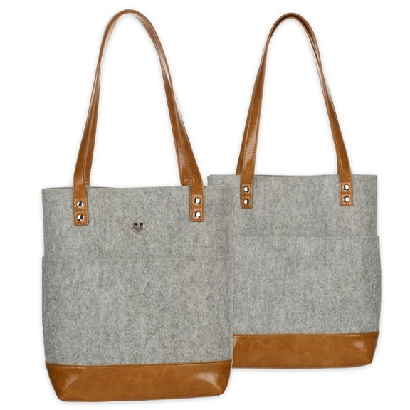 Christian Art Gifts Felt and Faux Leather Bible Tote for Women: With Metal Heart Badge, Pockets and Magnetic Button Closure, Toffee Brown and Gray, One Size Carry Bag for Books, Supplies and Shopping